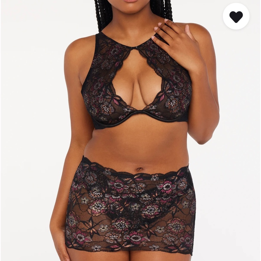 Savage X Fenty Black Caviar Art Nouveau Nymph Garter Skirt & Halter Bra Set